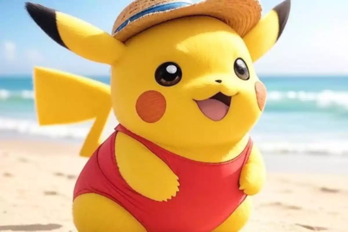 Pikachu with a straw hat and red swimsuit enjoying the beach