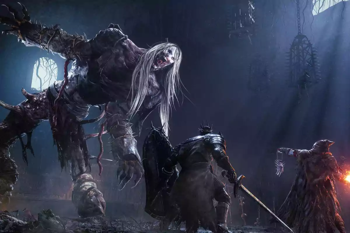 Un caballero con armadura y espada se enfrenta a un monstruo gigante y de aspecto aterrador mientras otra figura encapuchada sostiene una antorcha en un ambiente oscuro y tenebroso