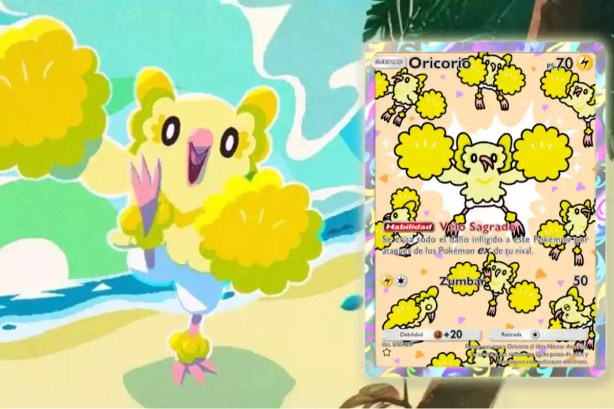 Un Pokémon amarillo con pompones en las alas aparece en la playa junto a una carta de Pokémon con el mismo personaje en el lado derecho de la imagen Un Pokémon amarillo con pompones en las alas aparece en la playa junto a una carta de Pokémon con el mismo personaje en el lado derecho de la imagen