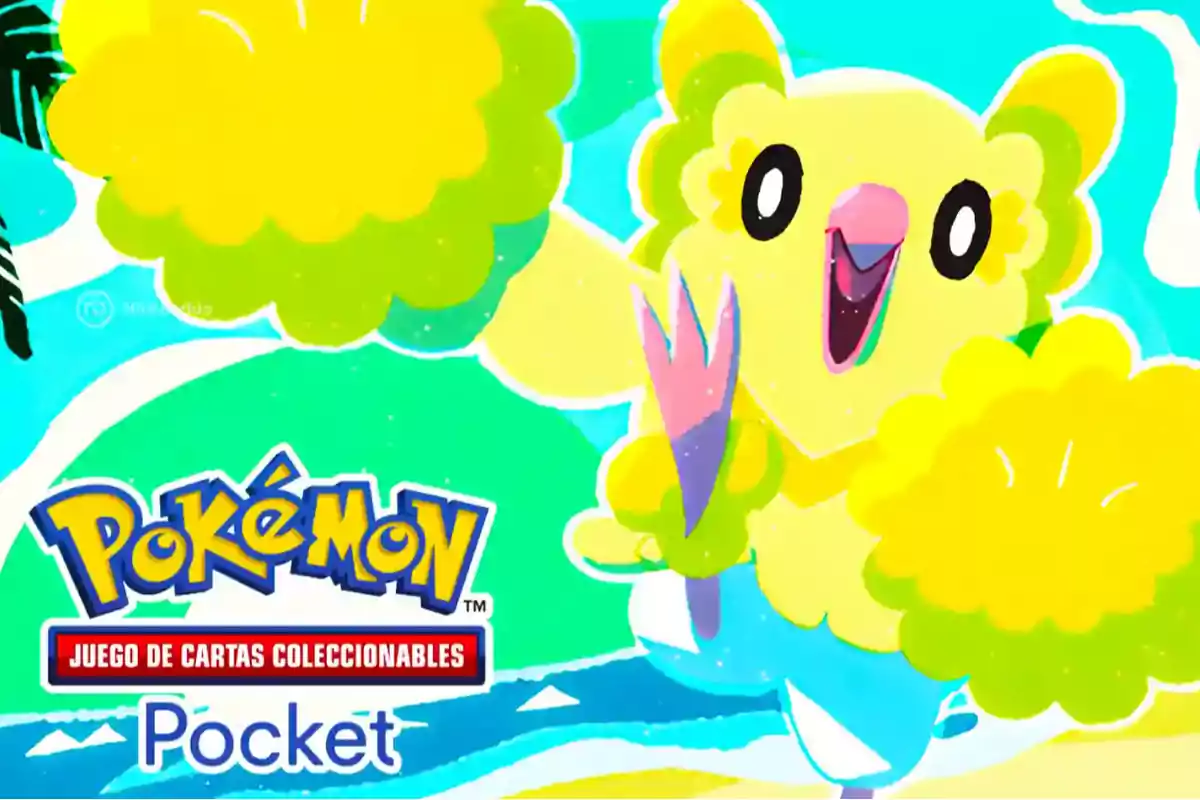 Ilustración colorida de un Pokémon amarillo con pompones verdes y fondo azul junto al logo de Pokémon Juego de Cartas Coleccionables Pocket