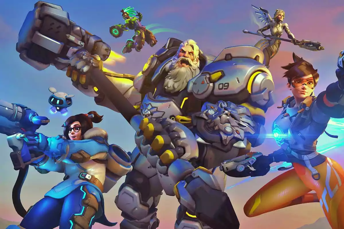 Several characters from the video game Overwatch in an action pose with a sunset sky background