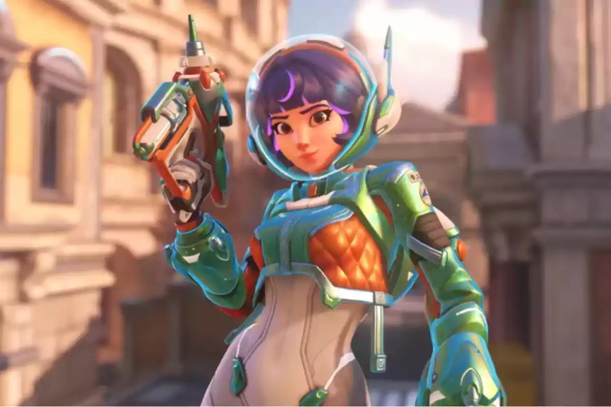 Animated character in a futuristic spacesuit holding a gun with a city in the background Animated character in a futuristic spacesuit holding a gun with a city in the background