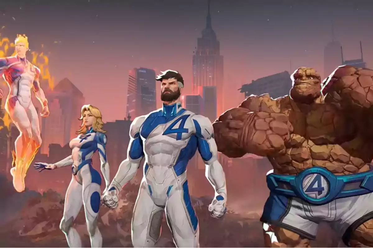 Four superheroes in white and blue suits pose in front of a city at sunset; one of them is engulfed in flames, another has a rocky and muscular appearance. Four superheroes in white and blue suits pose in front of a city at sunset; one of them is engulfed in flames, another has a rocky and muscular appearance.