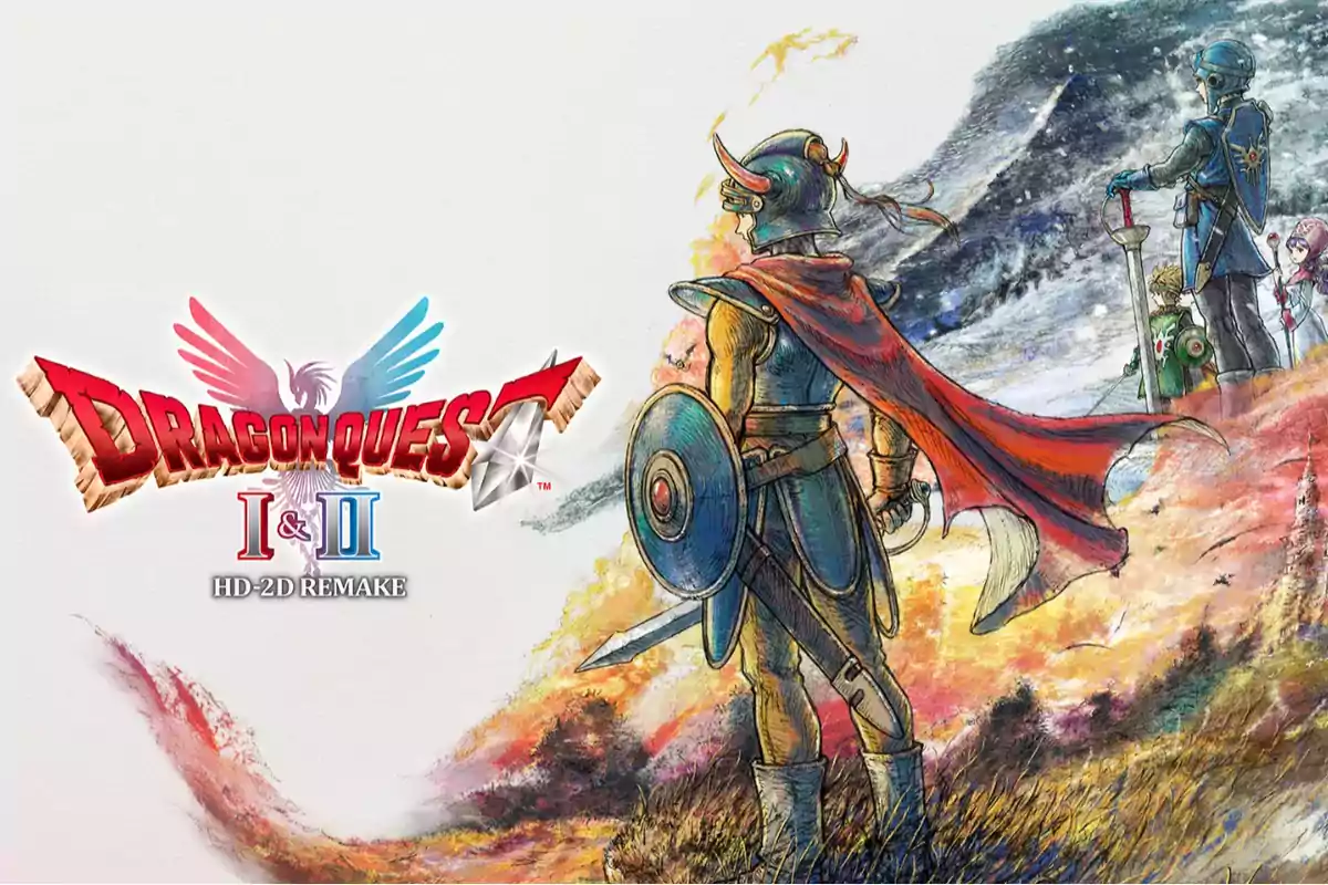 Promotional art for Dragon Quest I & II HD-2D Remake showing a hero in armor and a red cape looking out over a mountainous landscape with other characters in the background