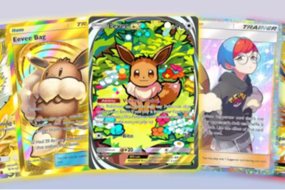 Pokémon cards with colorful illustrations and shiny details, featuring Eevee in the center surrounded by flowers and other characters on the sides Pokémon cards with colorful illustrations and shiny details, featuring Eevee in the center surrounded by flowers and other characters on the sides