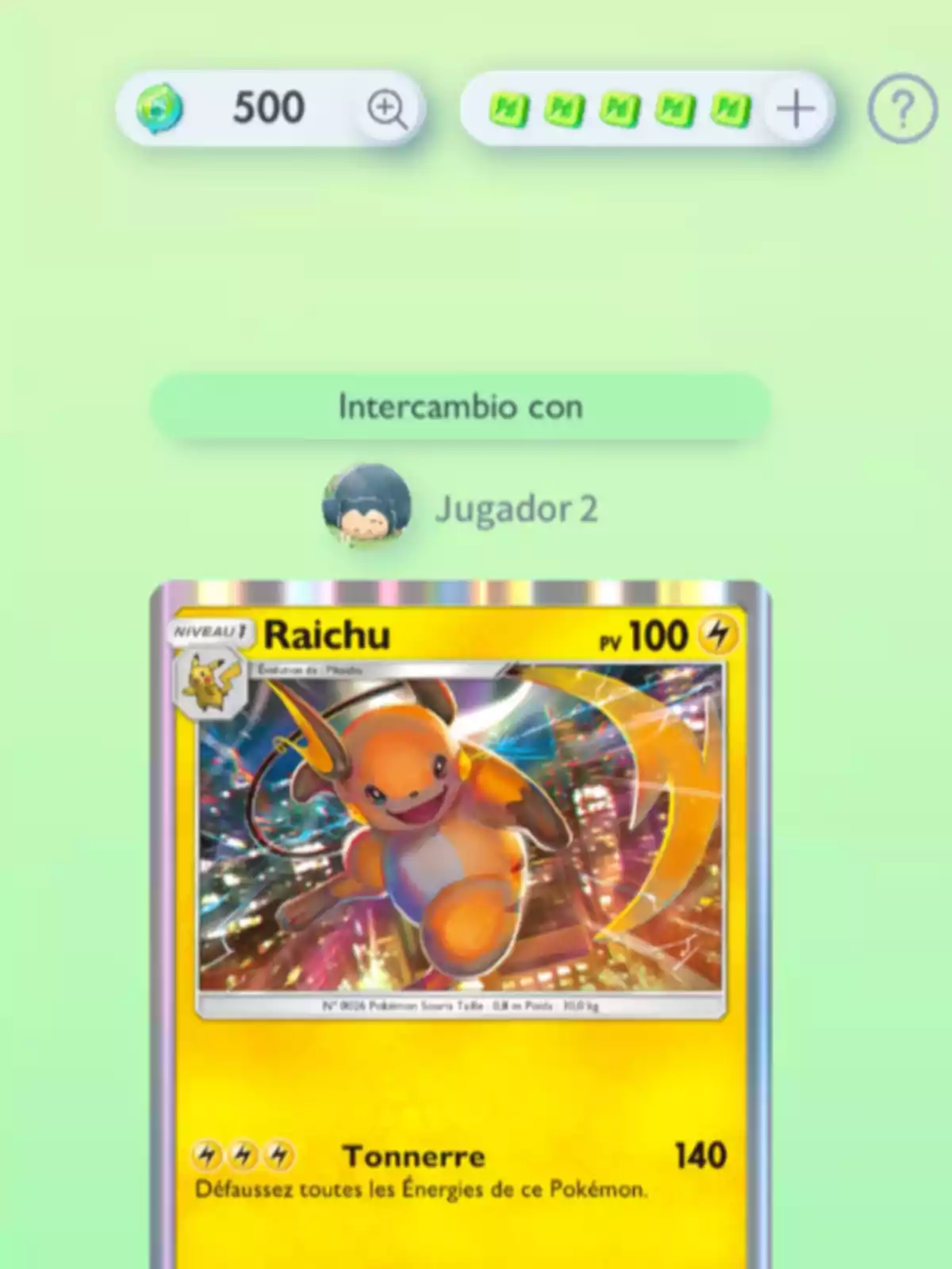 Exchange screen in a card game showing a Raichu card with a shiny background and details of points and energy at the top Exchange screen in a card game showing a Raichu card with a shiny background and details of points and energy at the top