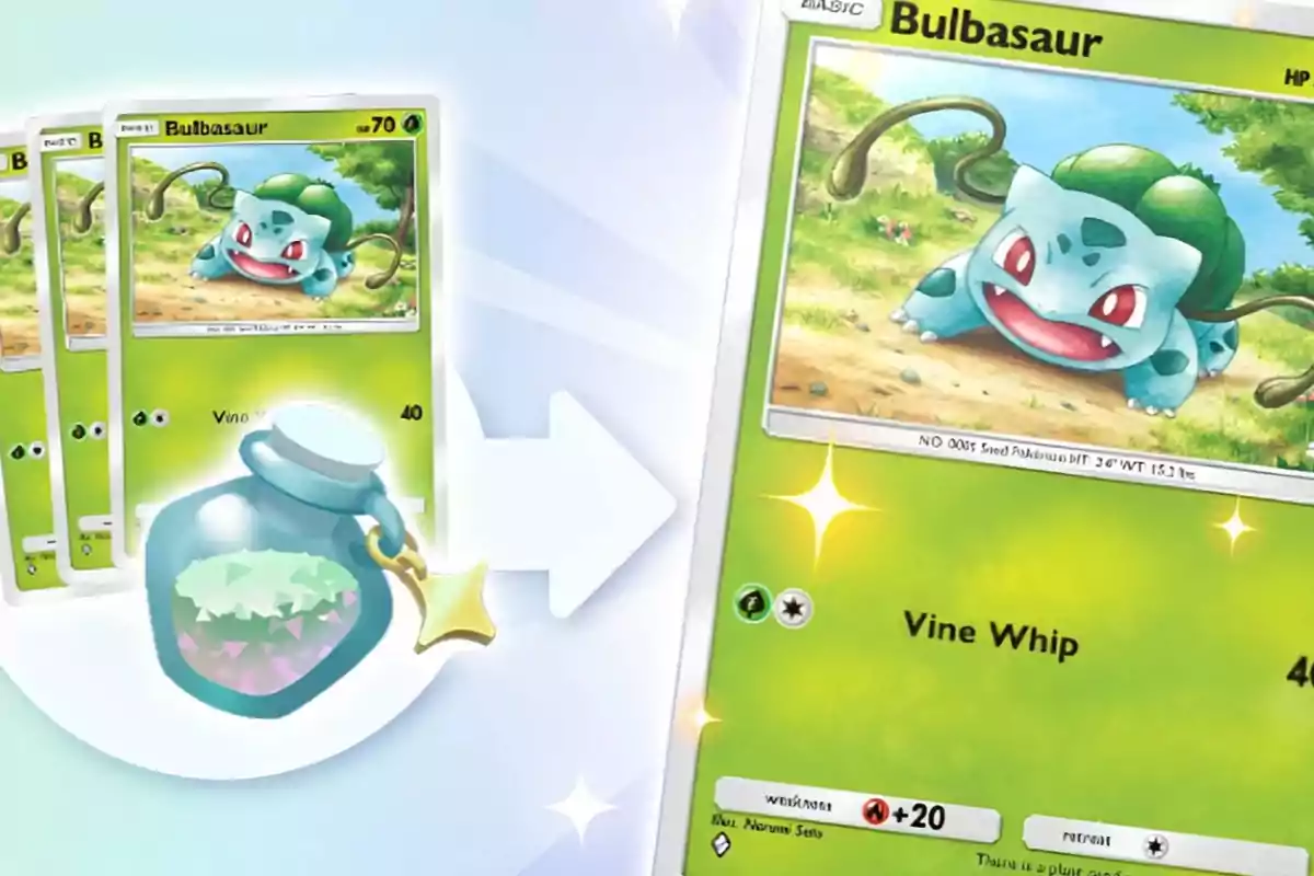 Several Bulbasaur cards and a magic potion combine to create a shiny, upgraded Bulbasaur card.