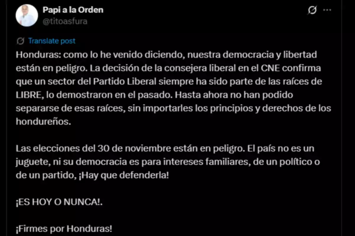 Social media post by a Honduran politician warning about the danger to democracy and freedom in Honduras, mentioning the influence of the Liberal Party and LIBRE, and calling to defend the November 30 elections. Social media post by a Honduran politician warning about the danger to democracy and freedom in Honduras, mentioning the influence of the Liberal Party and LIBRE, and calling to defend the November 30 elections.