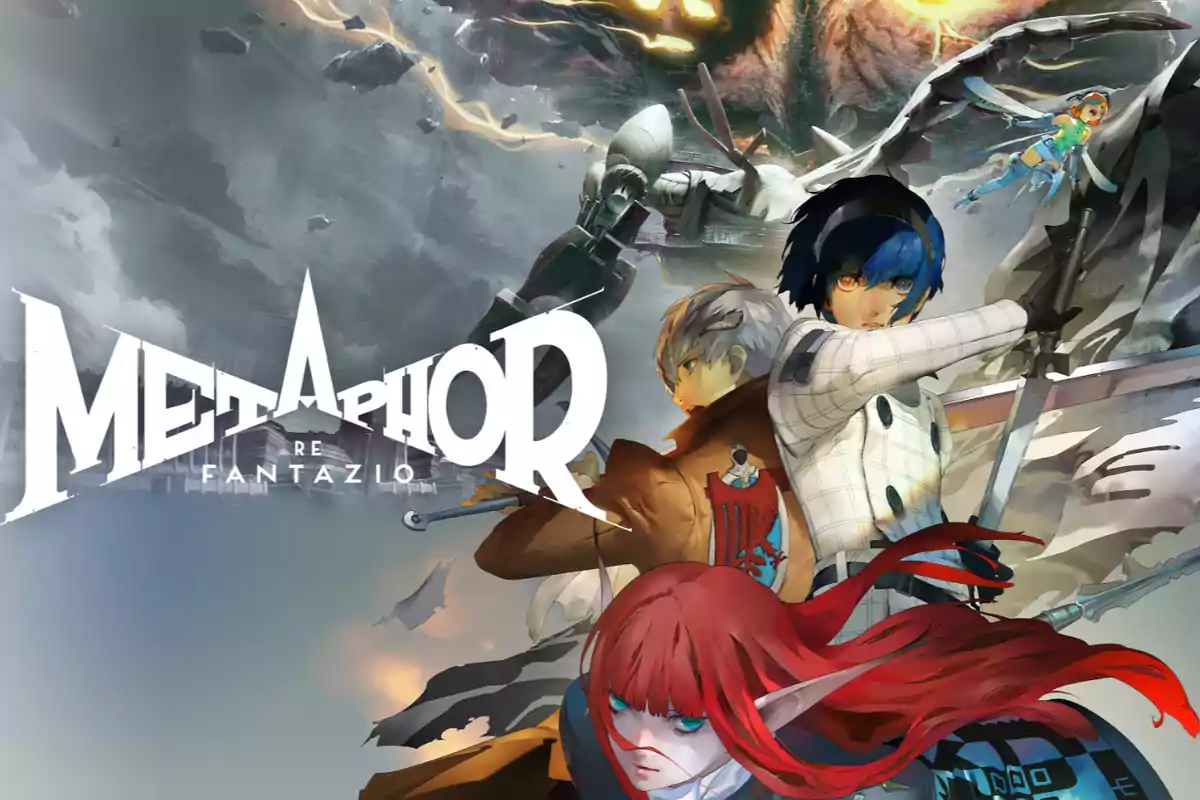 Promotional art for the video game Metaphor ReFantazio featuring anime-style characters in dynamic poses and an epic fantasy background