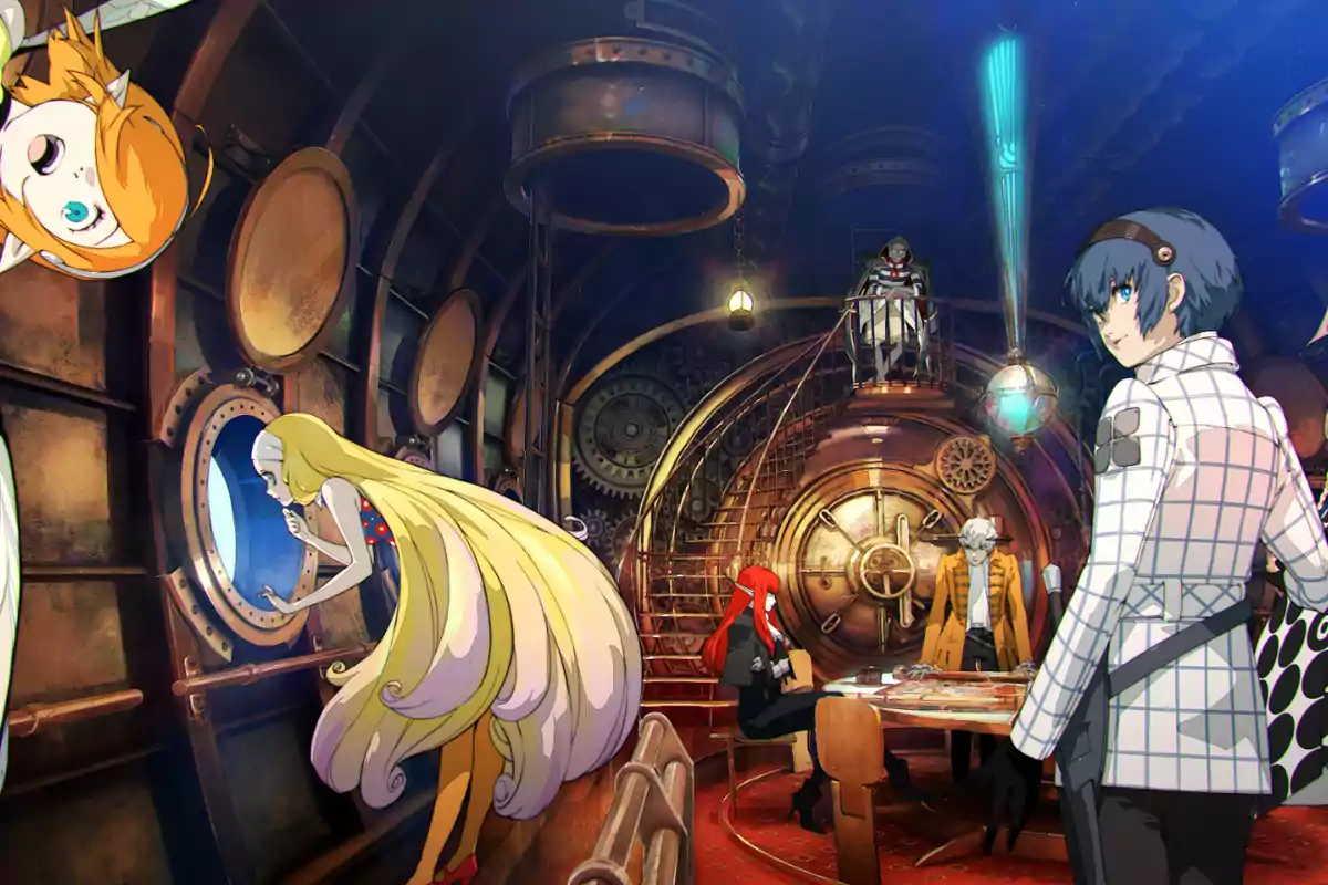 Several anime-style characters are inside a room with steampunk decor, some sitting around a table and others looking out a round window, while a figure with blue hair looks toward the viewer. Several anime-style characters are inside a room with steampunk decor, some sitting around a table and others looking out a round window, while a figure with blue hair looks toward the viewer.