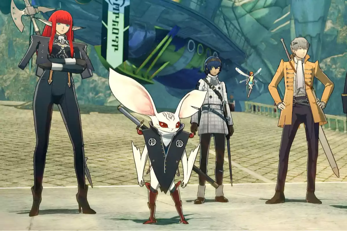 Four anime-style characters pose together in a futuristic setting, including a creature with large ears and a small fairy flying nearby. Four anime-style characters pose together in a futuristic setting, including a creature with large ears and a small fairy flying nearby.