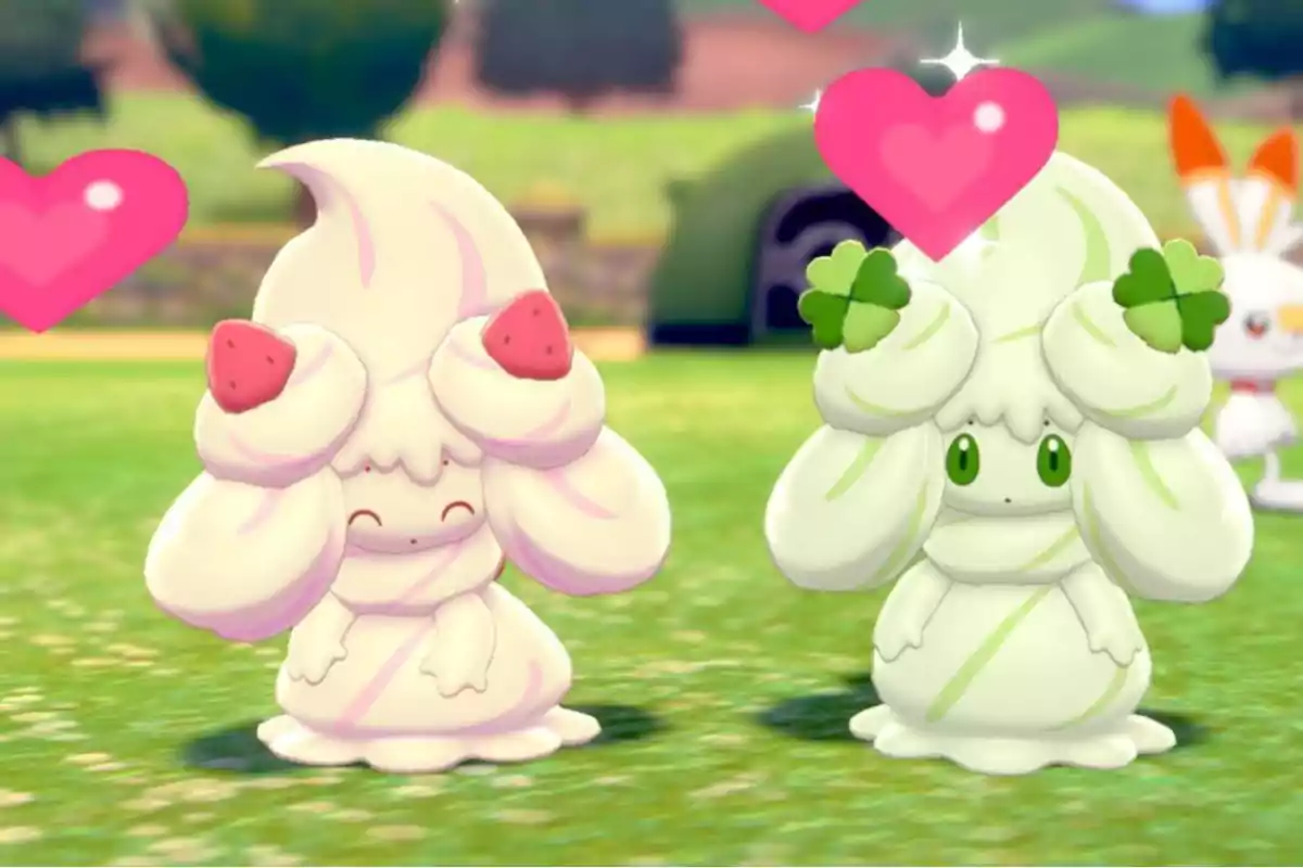 Dos criaturas adorables de aspecto cremoso con decoraciones en la cabeza, una con fresas y otra con tréboles, están en un campo verde con corazones rosados flotando sobre ellas. Dos criaturas adorables de aspecto cremoso con decoraciones en la cabeza, una con fresas y otra con tréboles, están en un campo verde con corazones rosados flotando sobre ellas.