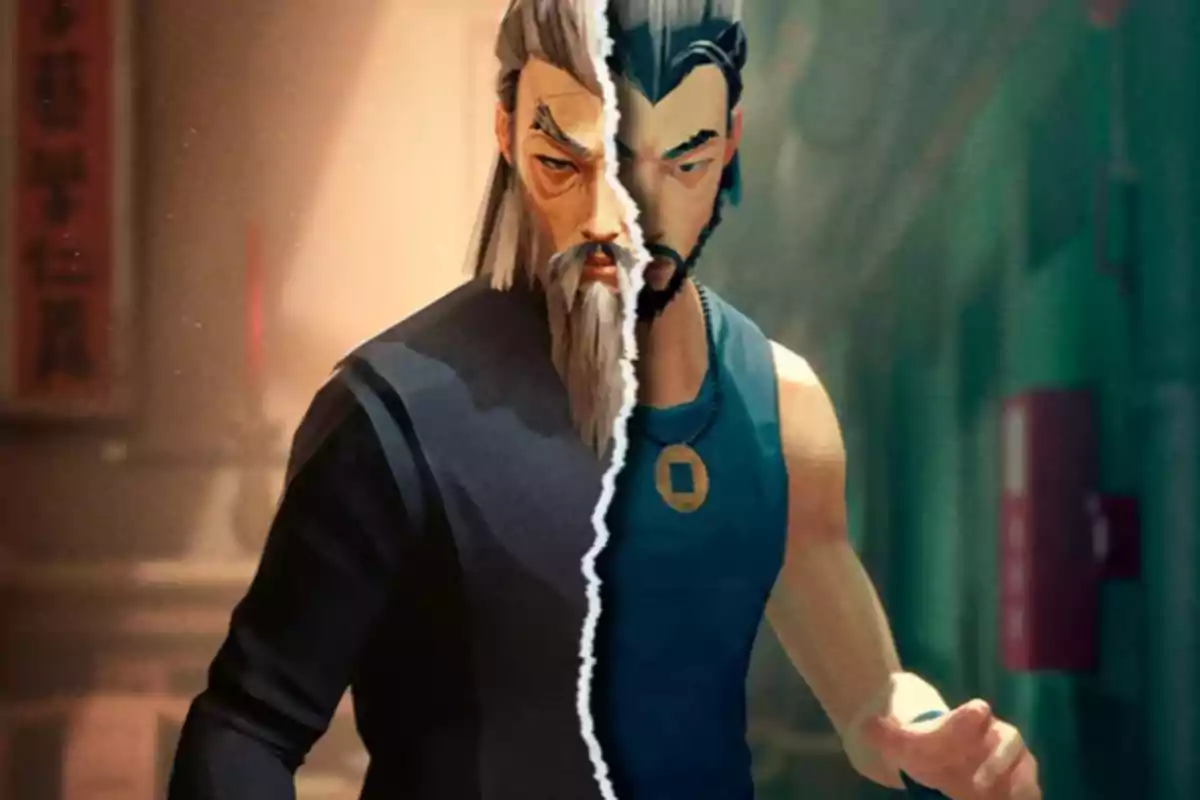 Illustration of a character split into two halves, one representing an older man with a gray beard and hair, and the other a young man with a short beard and dark hair, both with a serious expression Illustration of a character split into two halves, one representing an older man with a gray beard and hair, and the other a young man with a short beard and dark hair, both with a serious expression