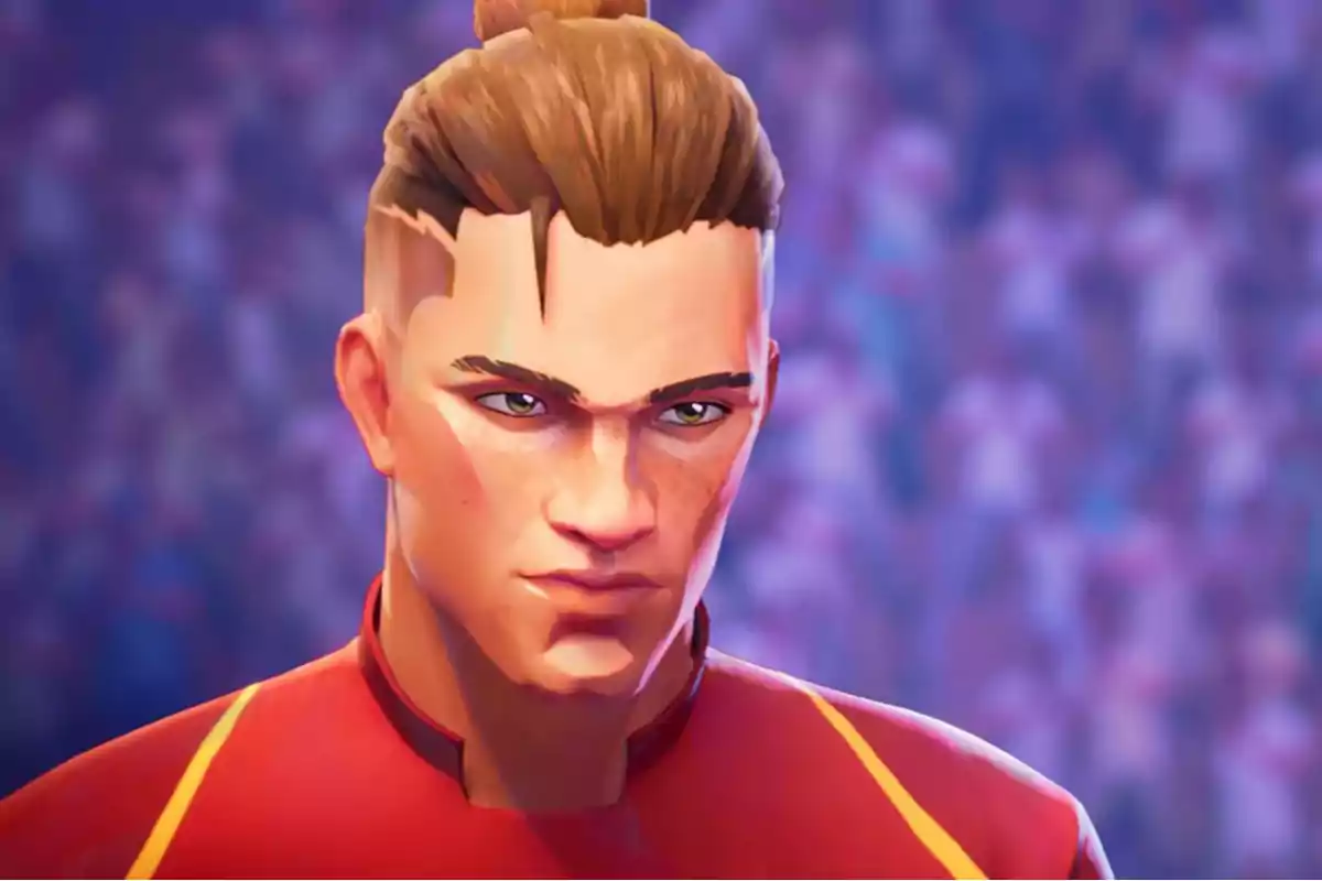 Joven personaje animado con expresión seria y cabello recogido usando un uniforme rojo con detalles amarillos en un entorno de estadio desenfocado
