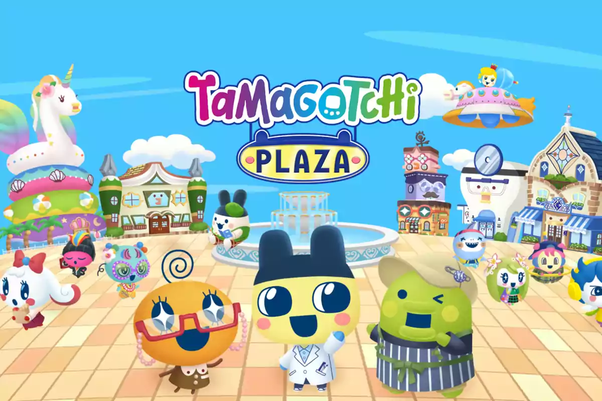 Personajes coloridos de Tamagotchi en una plaza animada con edificios y una fuente al fondo bajo un cielo azul
