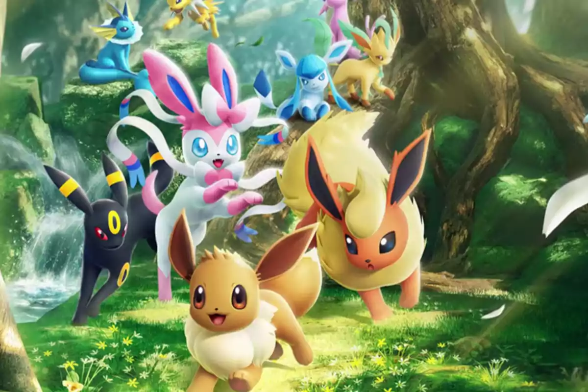 Varios Pokémon de la familia de Eevee corren y juegan en un bosque iluminado por la luz del sol
