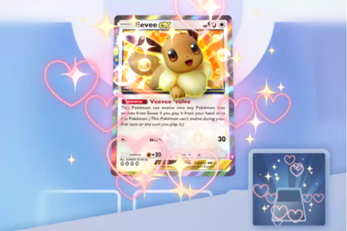 Carta de Pokémon de Eevee EX con un fondo brillante y decoraciones de corazones y destellos Carta de Pokémon de Eevee EX con un fondo brillante y decoraciones de corazones y destellos