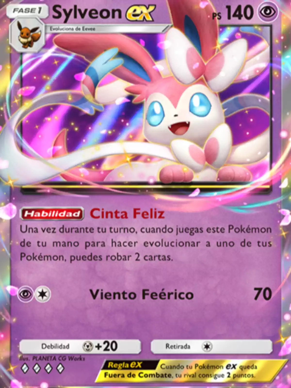 Carta de Pokémon Sylveon ex con fondo colorido y detalles brillantes, muestra a Sylveon sonriente y contiene información de habilidades y puntos de combate Carta de Pokémon Sylveon ex con fondo colorido y detalles brillantes, muestra a Sylveon sonriente y contiene información de habilidades y puntos de combate