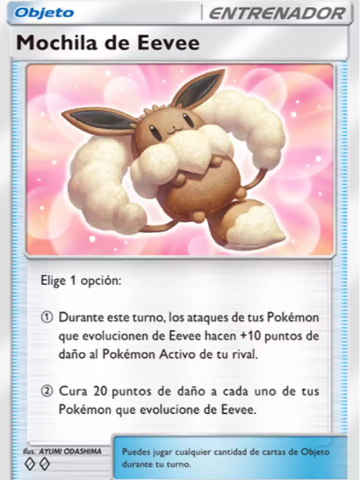 Carta de entrenador de Pokémon llamada Mochila de Eevee con una ilustración de Eevee abrazando una mochila esponjosa sobre un fondo rosado con burbujas y texto explicando dos efectos posibles para el juego