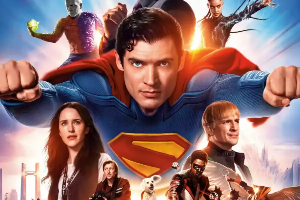 Superhero in a blue suit and red cape flies forward accompanied by several characters and a dog, all with determined expressions and a futuristic city background
