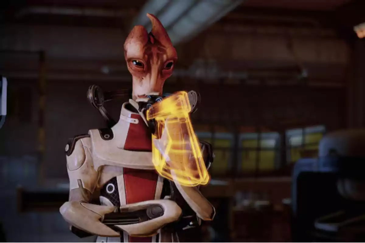 Extraterrestre con bata futurista observando un holograma naranja en un laboratorio Extraterrestre con bata futurista observando un holograma naranja en un laboratorio
