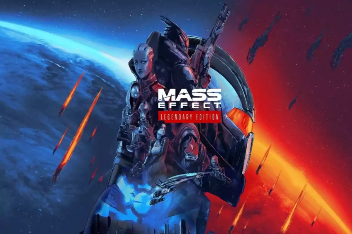 Portada del videojuego Mass Effect Legendary Edition con varios personajes y una escena espacial de fondo Portada del videojuego Mass Effect Legendary Edition con varios personajes y una escena espacial de fondo
