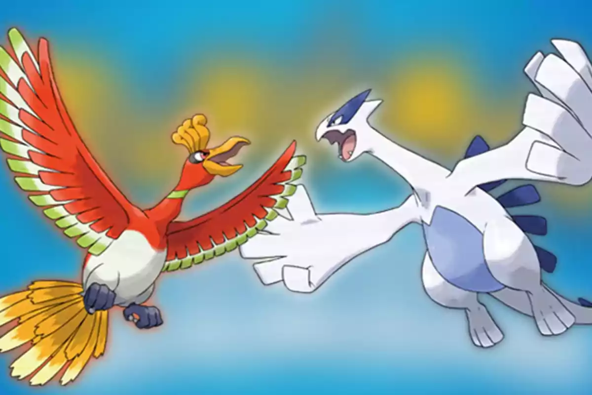 Dos Pokémon legendarios, Ho-Oh y Lugia, están enfrentándose en el cielo sobre un fondo azul difuminado.