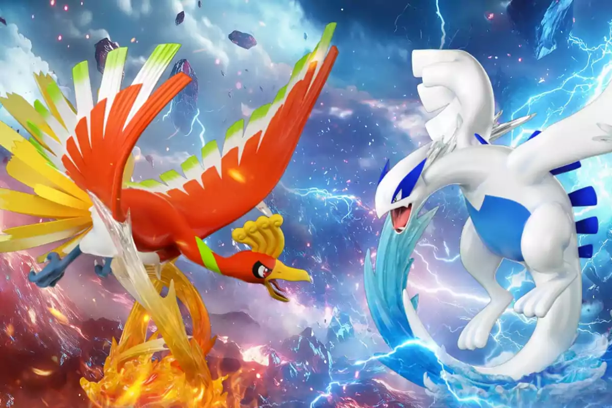 Two figures of the legendary Pokémon Ho-Oh and Lugia facing off on a background stage with lightning and floating rocks