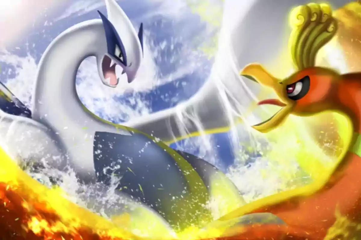 Dos criaturas legendarias de Pokémon, Lugia y Ho-Oh, se enfrentan en una batalla épica rodeados de agua y fuego