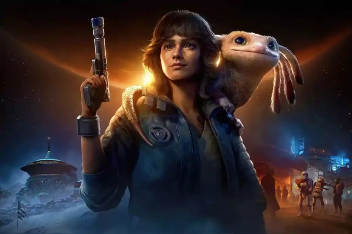 Woman in a blue jacket holds a futuristic gun while a small alien creature sits on her shoulders, with a science fiction background and characters in the distance.