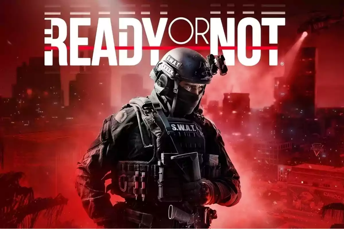 Cover of the video game Ready or Not featuring an armed SWAT officer in the foreground and a city in the background illuminated in red tones