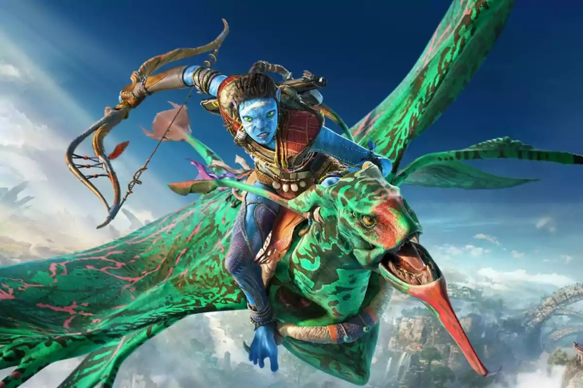 Blue character with a bow riding a green flying creature over a fantastic landscape
