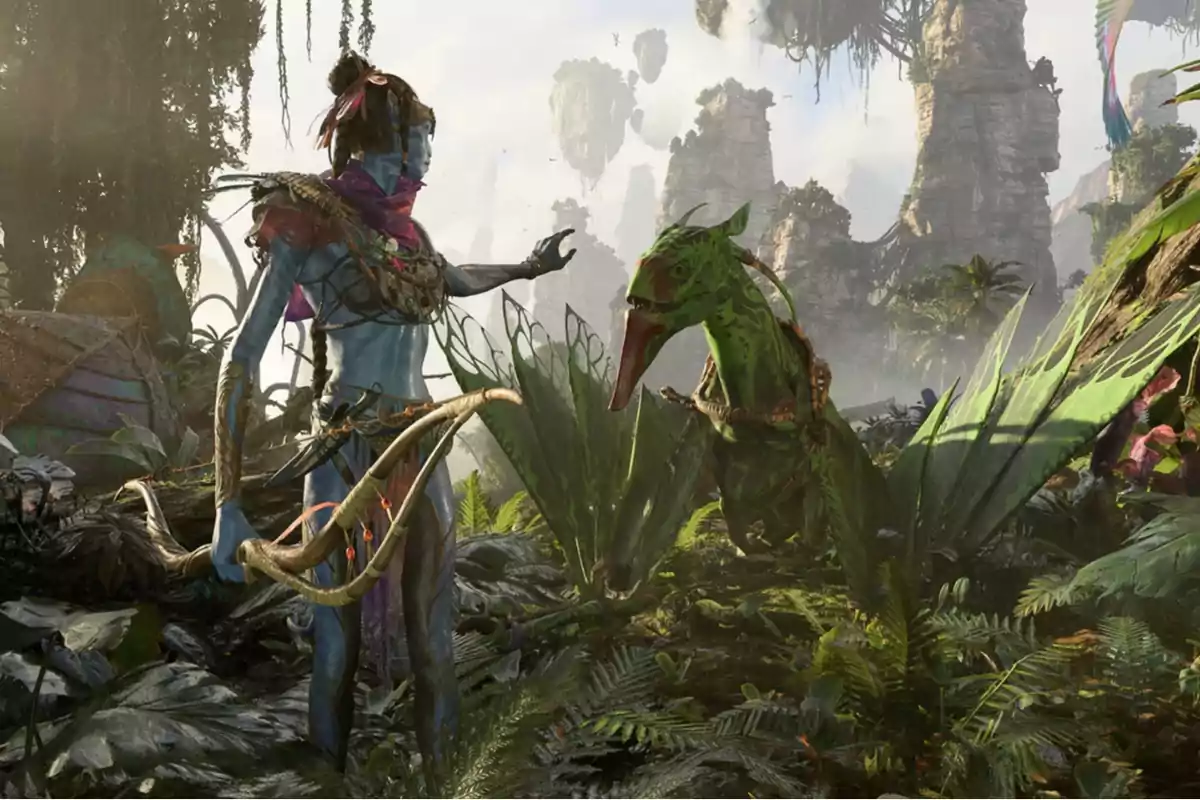 Personaje azul con arco interactuando con una criatura alada verde en un entorno selvático con montañas flotantes al fondo Personaje azul con arco interactuando con una criatura alada verde en un entorno selvático con montañas flotantes al fondo