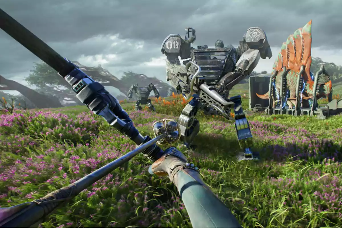 Persona apunta un arco hacia un robot en un paisaje de campo con flores y cielo nublado Persona apunta un arco hacia un robot en un paisaje de campo con flores y cielo nublado