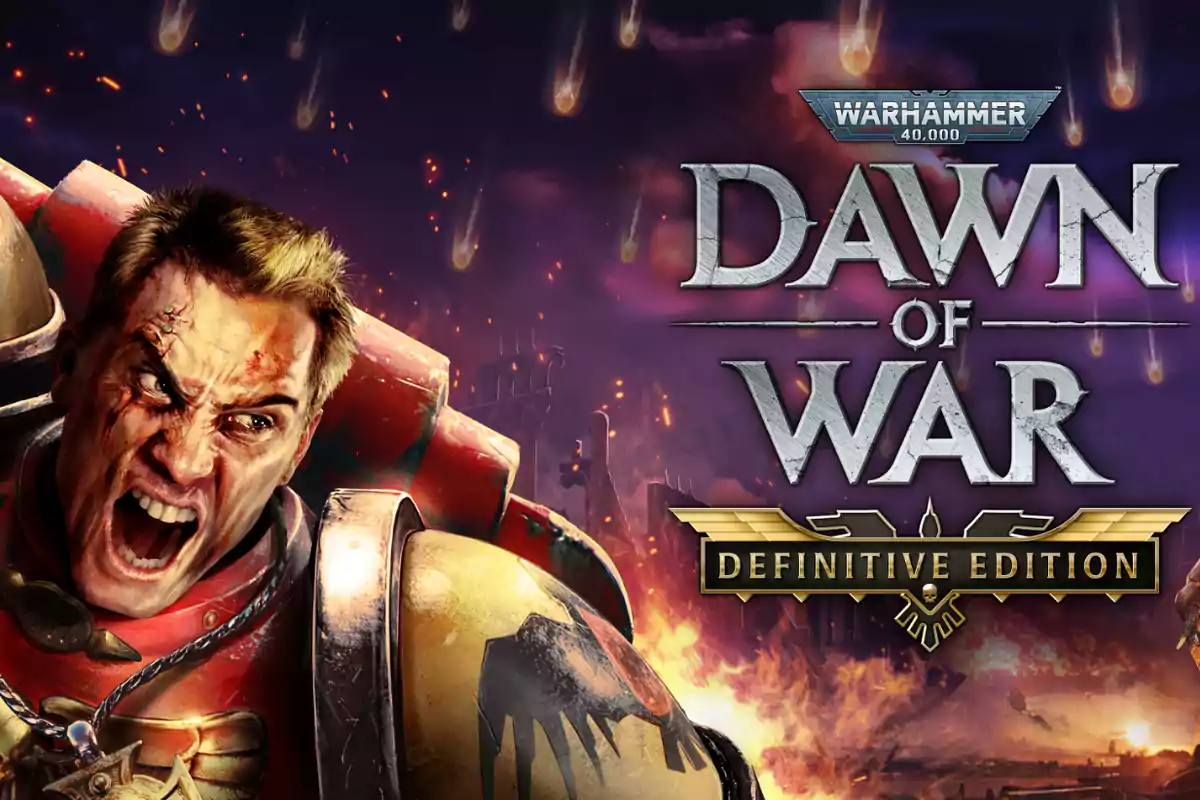 Cover of the video game Warhammer 40000 Dawn of War Definitive Edition featuring an enraged soldier and a fiery battlefield background