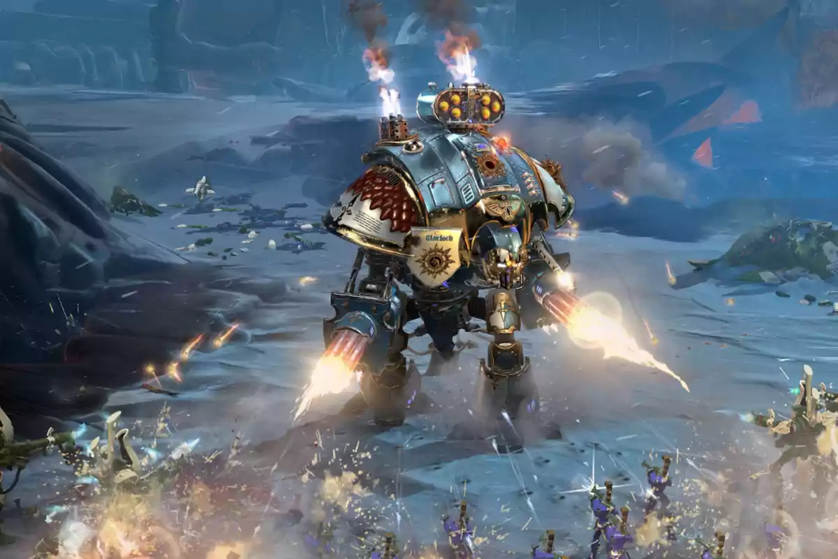 A massive armored robot fires energy weapons on a futuristic battlefield as the ground fills with explosions and small soldiers advance toward it. A massive armored robot fires energy weapons on a futuristic battlefield as the ground fills with explosions and small soldiers advance toward it.