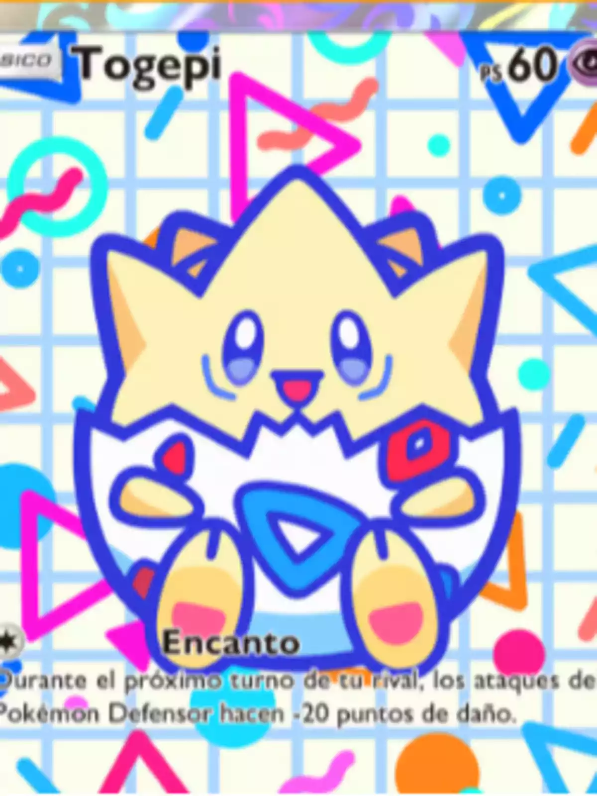 Pokémon card with a colorful design featuring a smiling Togepi against a background of neon-toned geometric shapes Pokémon card with a colorful design featuring a smiling Togepi against a background of neon-toned geometric shapes