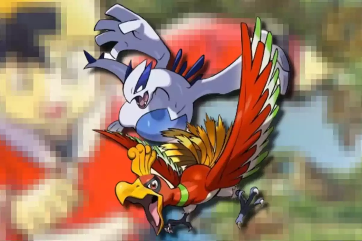 Two legendary Pokémon, Lugia and Ho-Oh, appear in the foreground with a blurred background of vibrant colors.