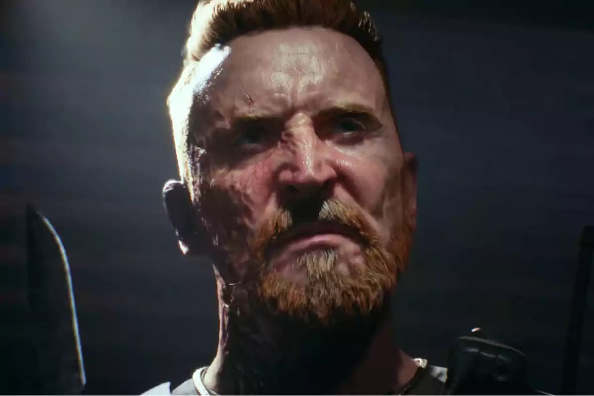 Close-up of a man with a red beard and scars on his face, with a serious expression and a dark background Close-up of a man with a red beard and scars on his face, with a serious expression and a dark background