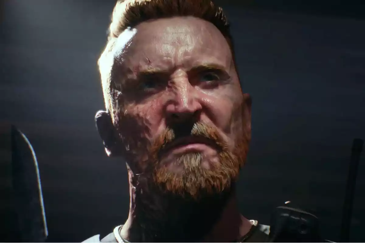 Close-up of a male video game character with a red beard and a serious expression Close-up of a male video game character with a red beard and a serious expression