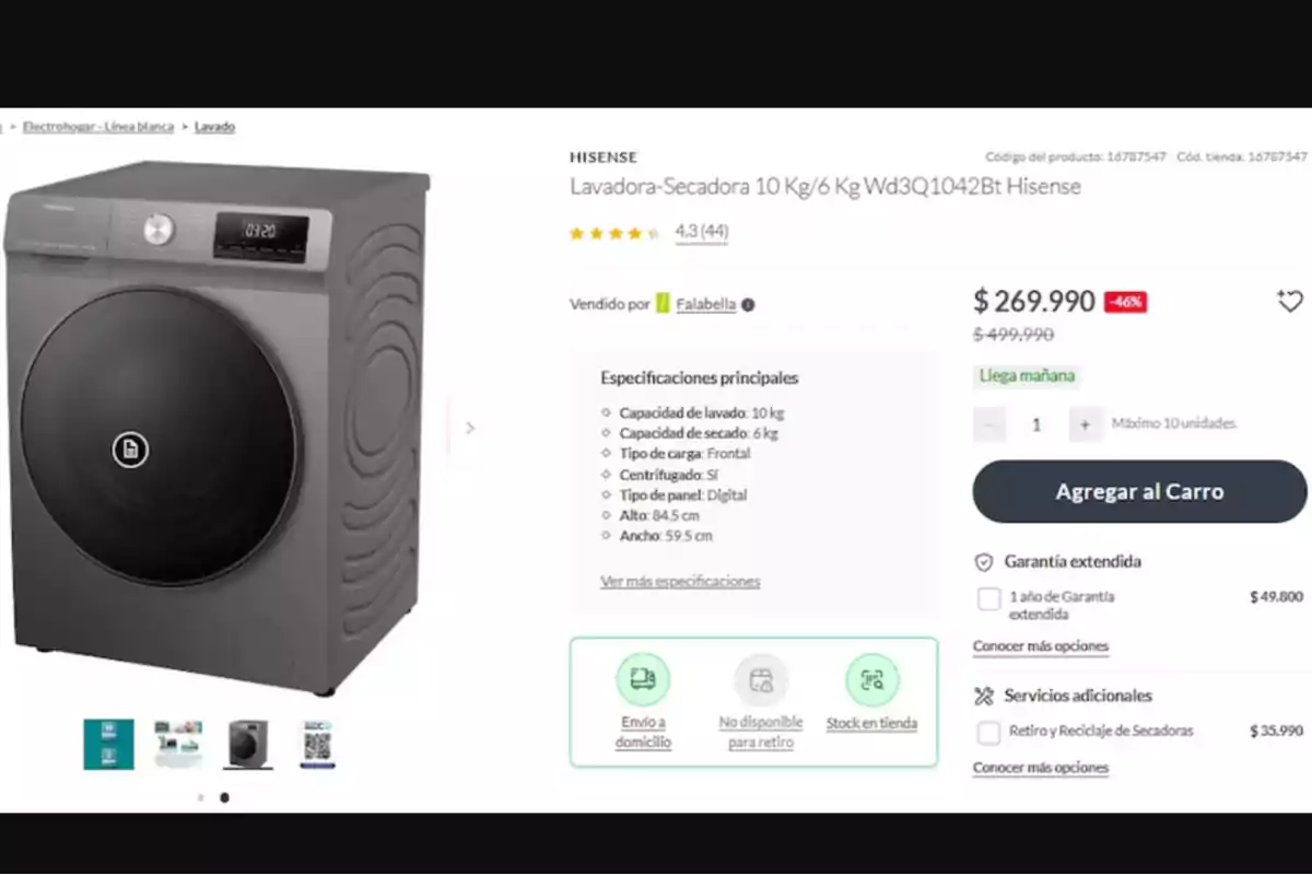 Lavadora secadora Hisense de carga frontal color gris con panel digital y puerta negra mostrada en una página de tienda en línea junto a su precio y especificaciones principales Lavadora secadora Hisense de carga frontal color gris con panel digital y puerta negra mostrada en una página de tienda en línea junto a su precio y especificaciones principales