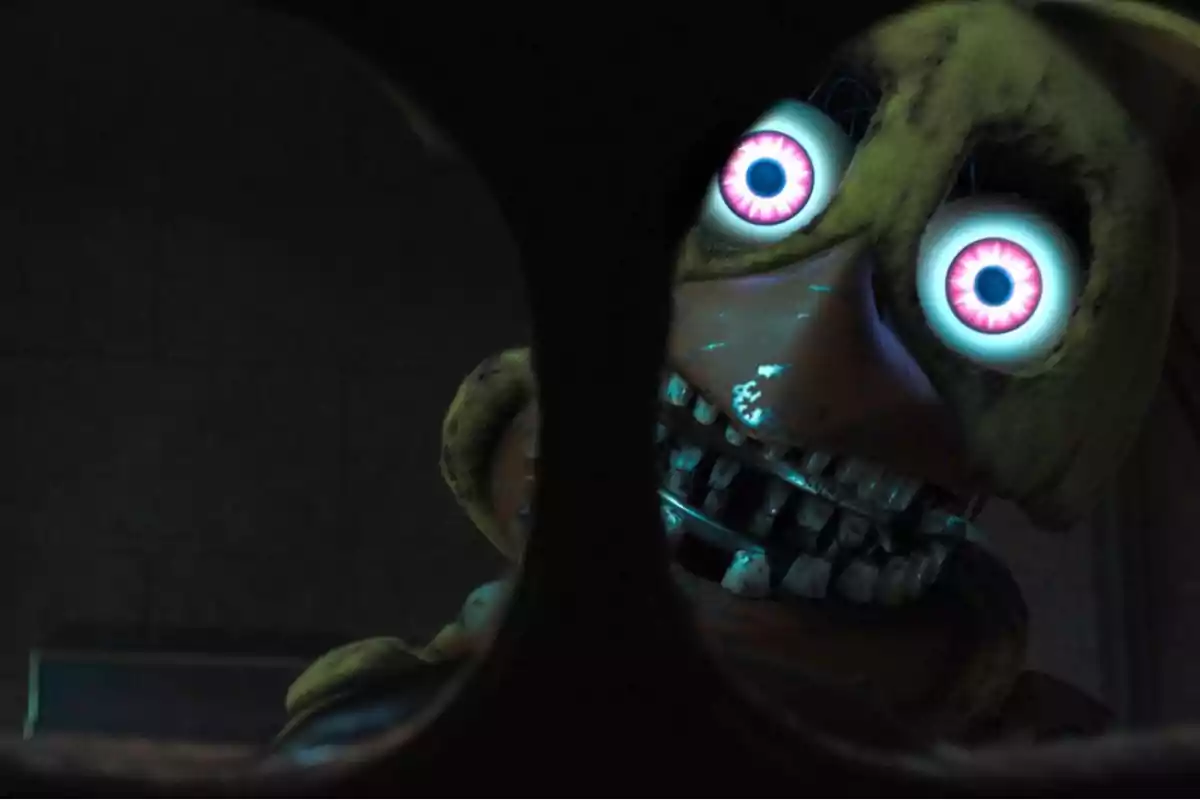 Animatronic with glowing eyes and a terrifying expression peering through a crack in a dark environment