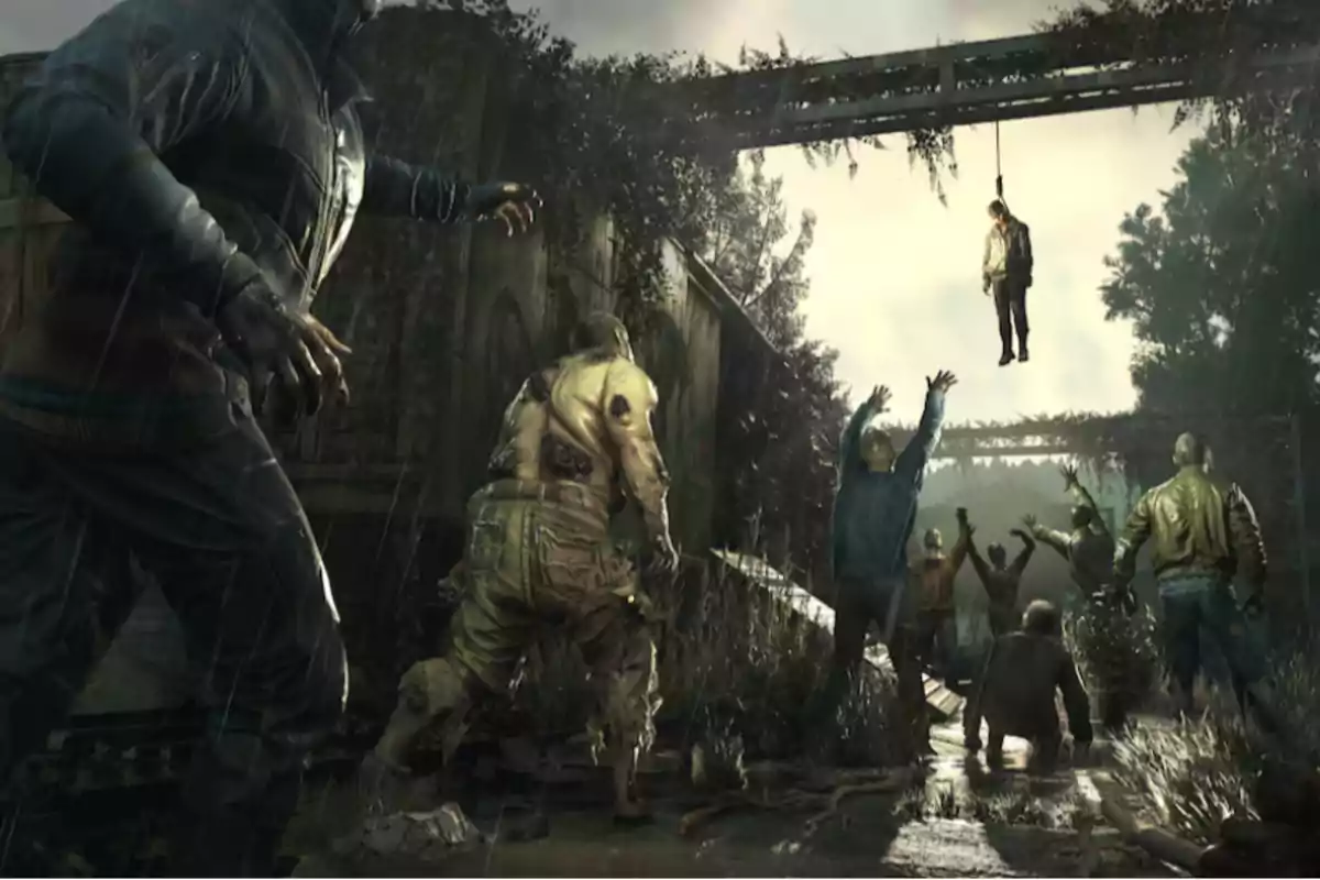 A group of zombies approaches a man hanging under a bridge in a rainy, post-apocalyptic setting.