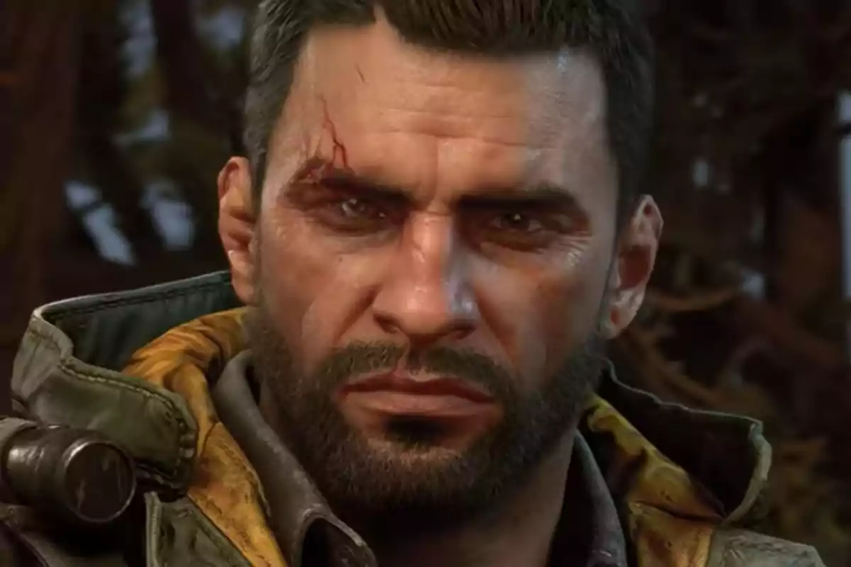 Close-up of a male video game character with a beard, a scar on his eyebrow, and a serious expression, wearing a green jacket Close-up of a male video game character with a beard, a scar on his eyebrow, and a serious expression, wearing a green jacket