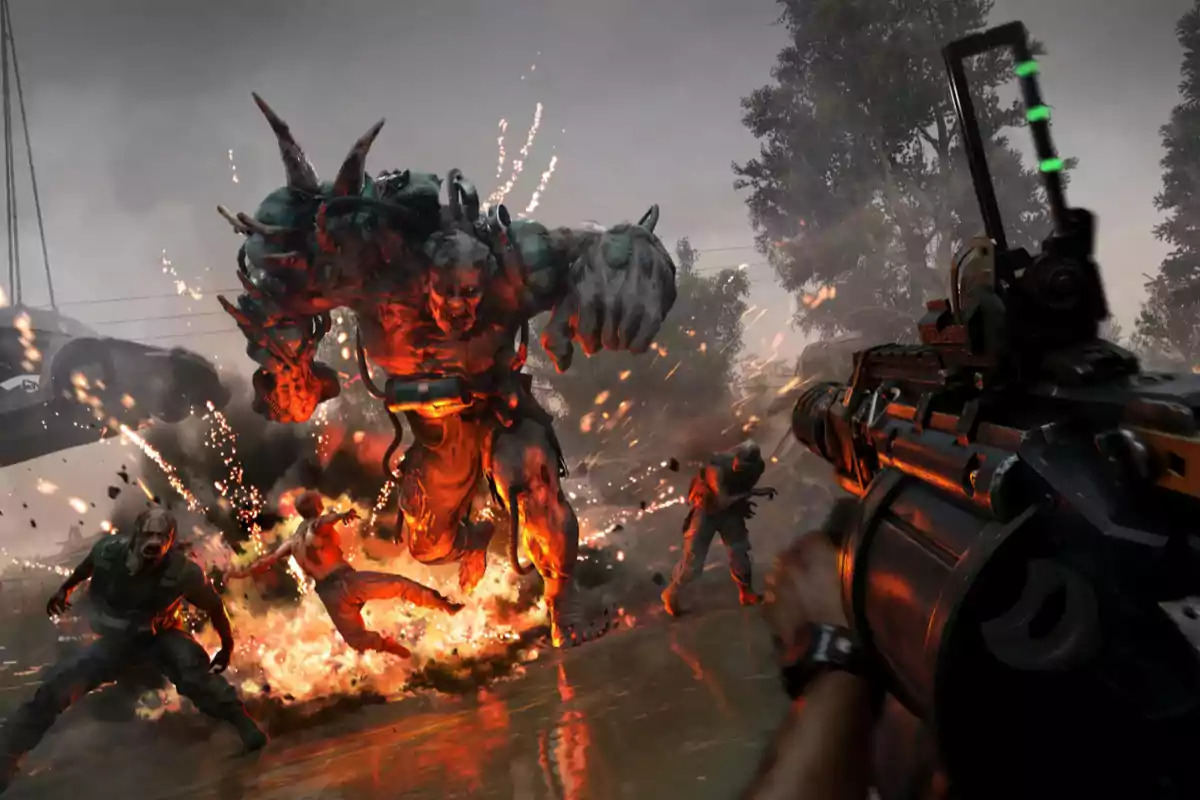 A huge mutant monster attacks several characters in an apocalyptic setting while a player aims a futuristic weapon and there are explosions and fire all around. A huge mutant monster attacks several characters in an apocalyptic setting while a player aims a futuristic weapon and there are explosions and fire all around.