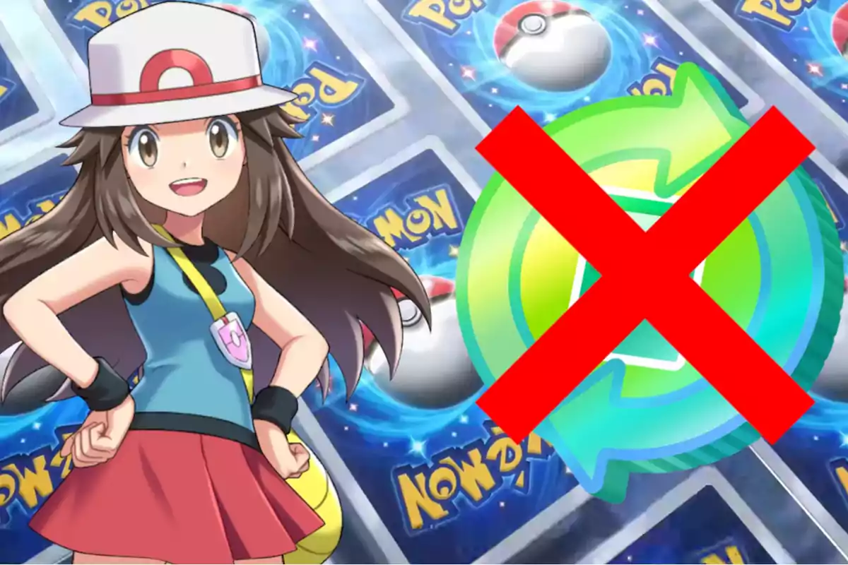Entrenadora de Pokémon sonriente con cartas de Pokémon al fondo y un símbolo de prohibido sobre un icono de recarga