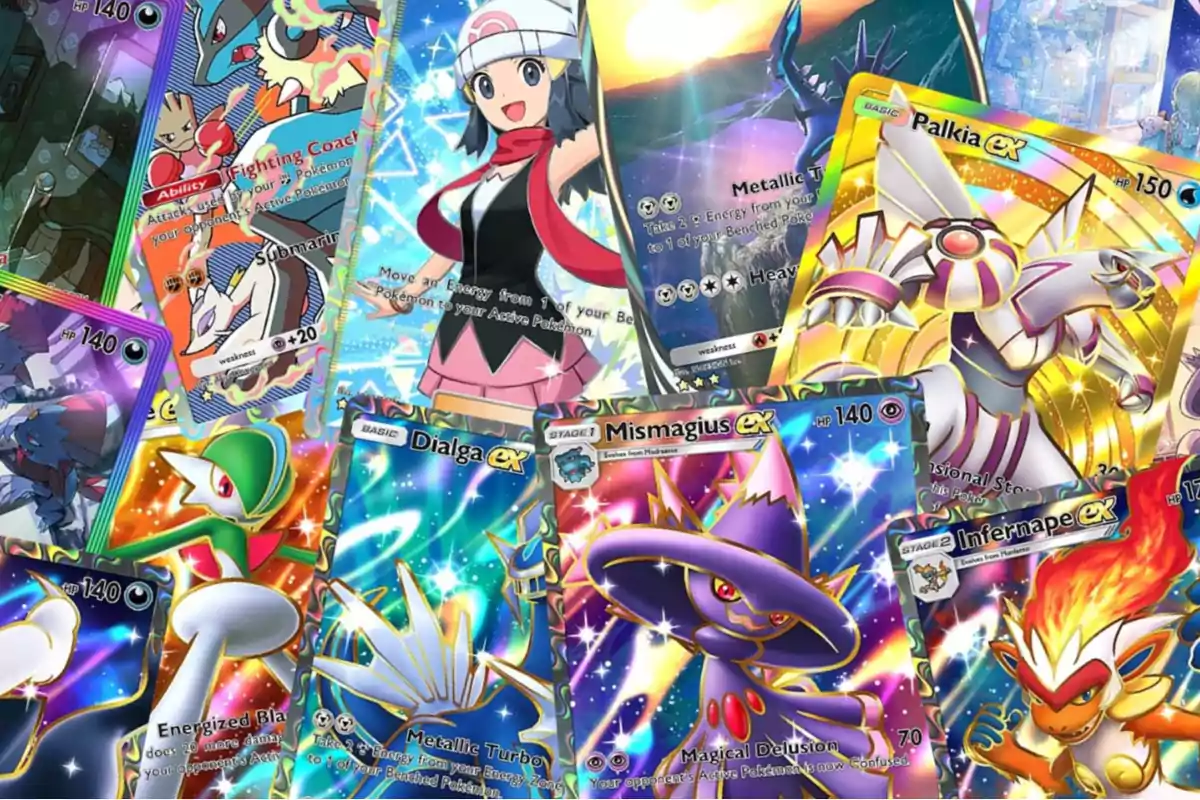 Varias cartas de Pokémon brillantes y coloridas apiladas de manera desordenada mostrando diferentes personajes y criaturas del juego Varias cartas de Pokémon brillantes y coloridas apiladas de manera desordenada mostrando diferentes personajes y criaturas del juego
