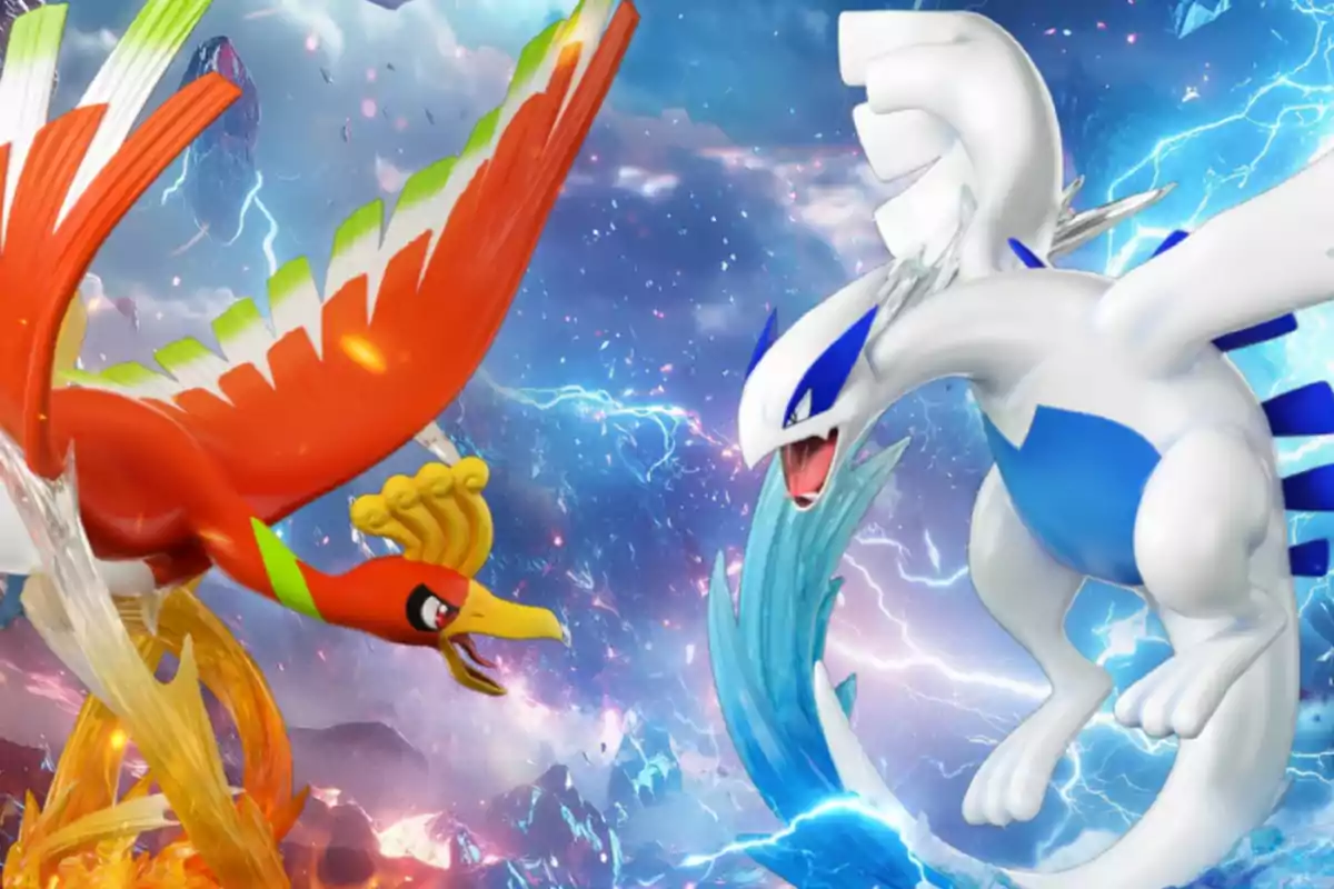 Dos criaturas legendarias de Pokémon, una de color rojo y otra blanca con azul, se enfrentan en un cielo lleno de rayos y nubes dramáticas. Dos criaturas legendarias de Pokémon, una de color rojo y otra blanca con azul, se enfrentan en un cielo lleno de rayos y nubes dramáticas.