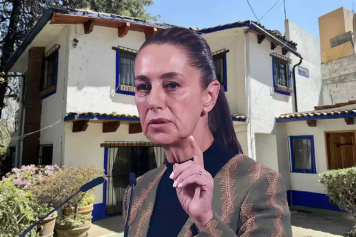 Mujer de cabello recogido hablando frente a micrófonos con una casa blanca de fondo