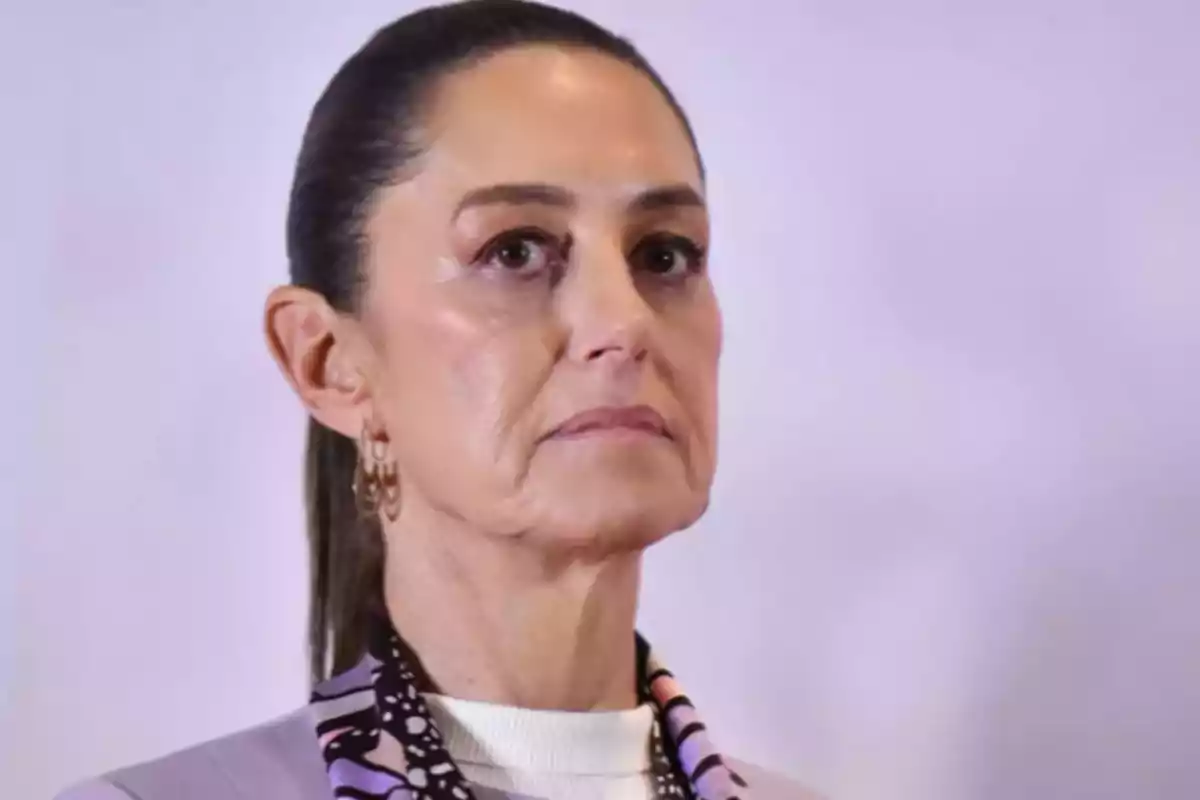 Dark-haired woman with her hair up, serious expression, wearing a light blazer and patterned scarf against a plain background Dark-haired woman with her hair up, serious expression, wearing a light blazer and patterned scarf against a plain background